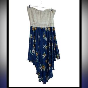 Wishful Park Floral High-Low Strapless Dress - Size XL - Blue & Cream Boho -